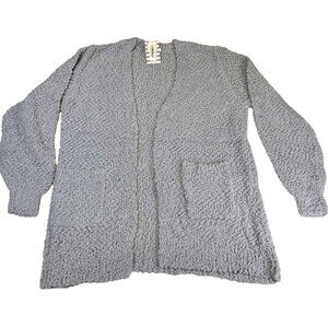 Zenana Cardigan Light Grey Popcorn Knit Puff Sleeve Pockets New with Tags